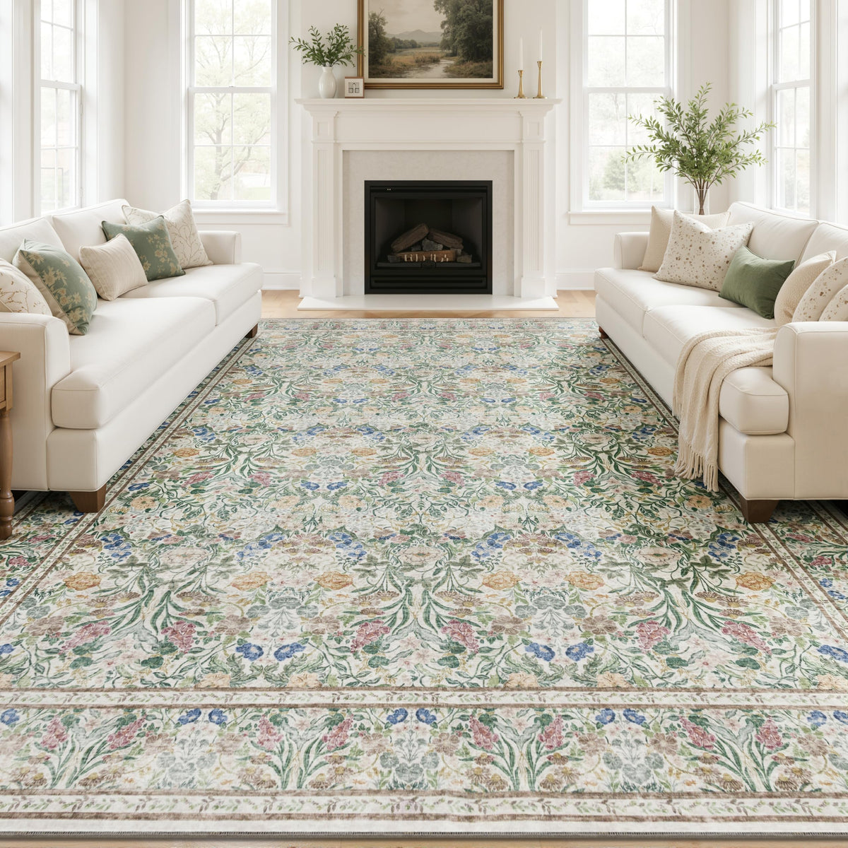 JOLLYVOGUE 6x9 Area Rug, Floral Washable Rug for Living Room, Beige/Blue