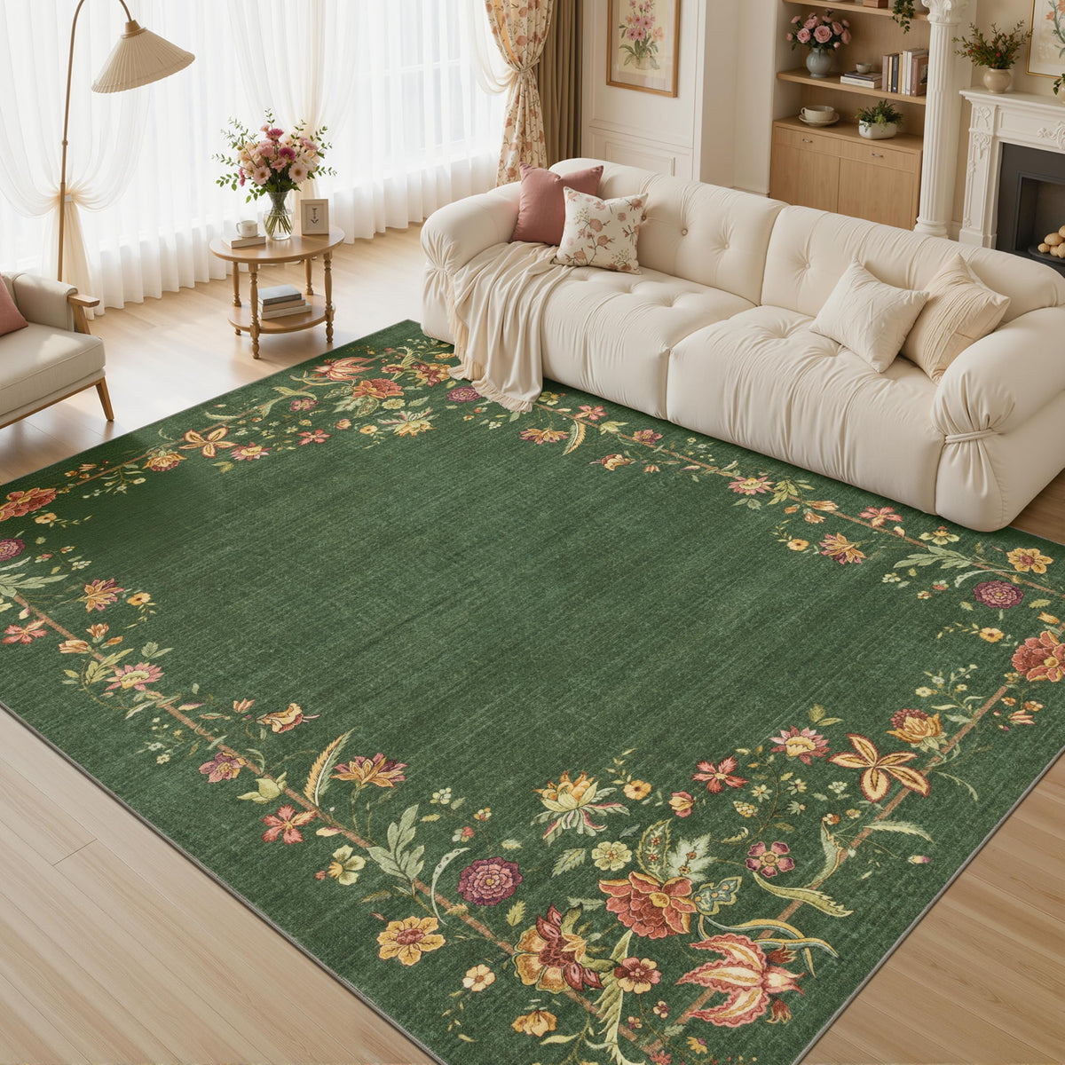 JOLLYVOGUE 4x6 Area Rug, Washable Rug Floral Border, Off-White