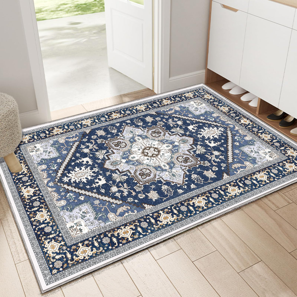 OPPODREAM Soft Area Rugs 5x7, Persian-Inspired Washable Rug, Blue & Gold