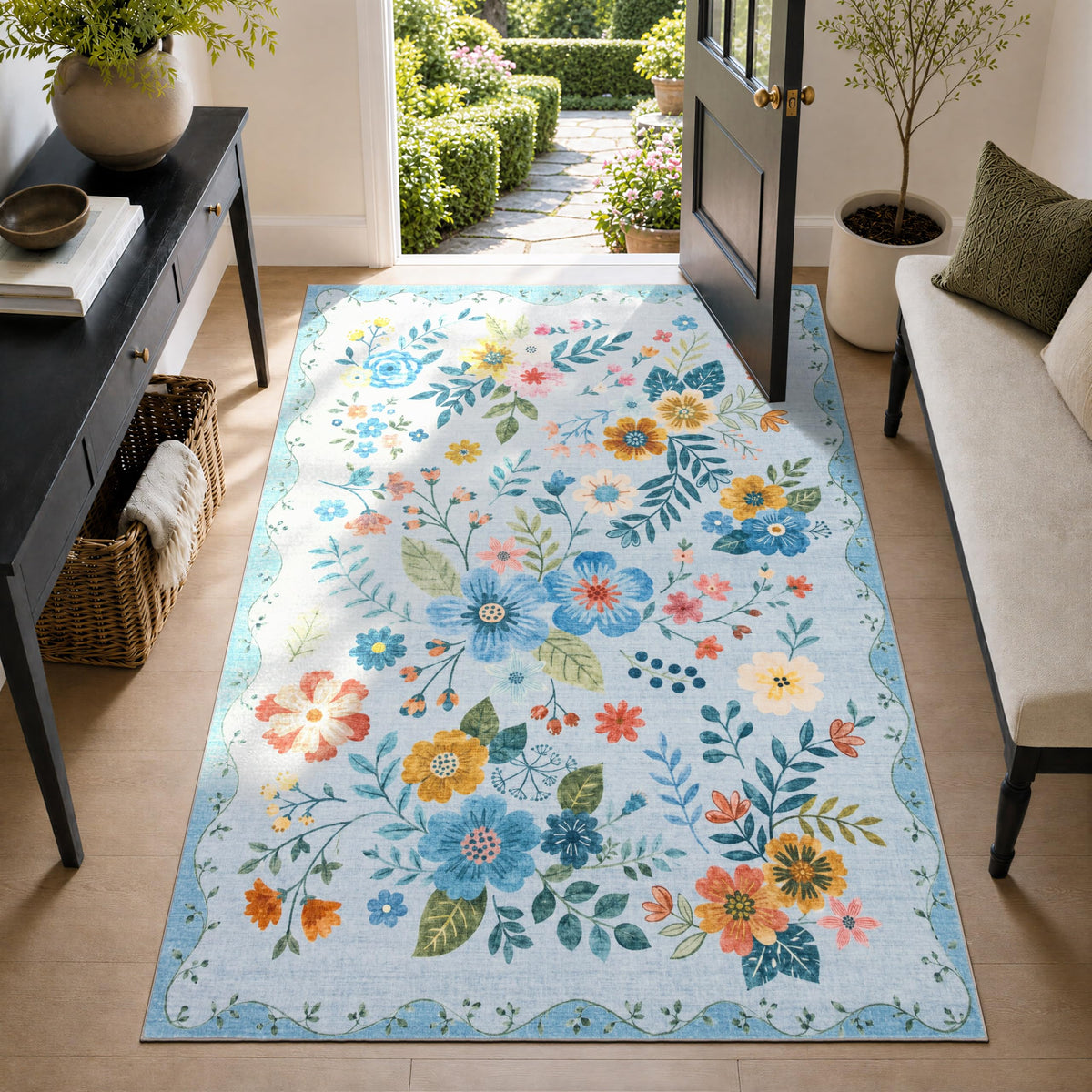 JOLLYVOGUE Floral Area Rug 5x7, Washable Rug for Living Room, Light Blue