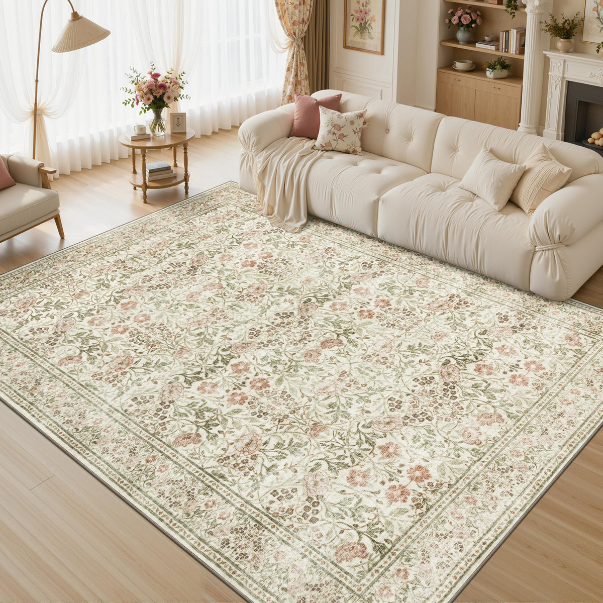 JOLLYVOGUE 6x9 Area Rug, Floral Washable Rug for Living Room, Beige/Blue