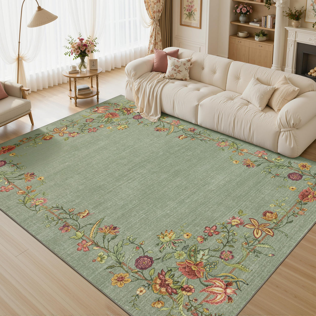 JOLLYVOGUE 4x6 Area Rug, Washable Rug Floral Border, Off-White