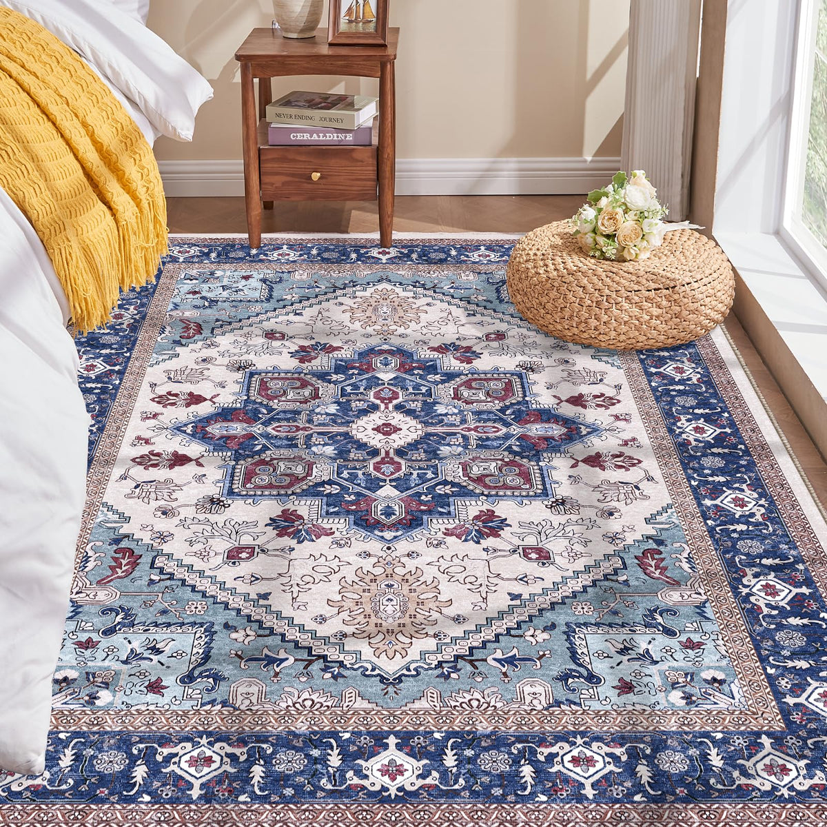 OPPODREAM Soft Area Rugs 5x7, Persian-Inspired Washable Rug, Blue & Gold
