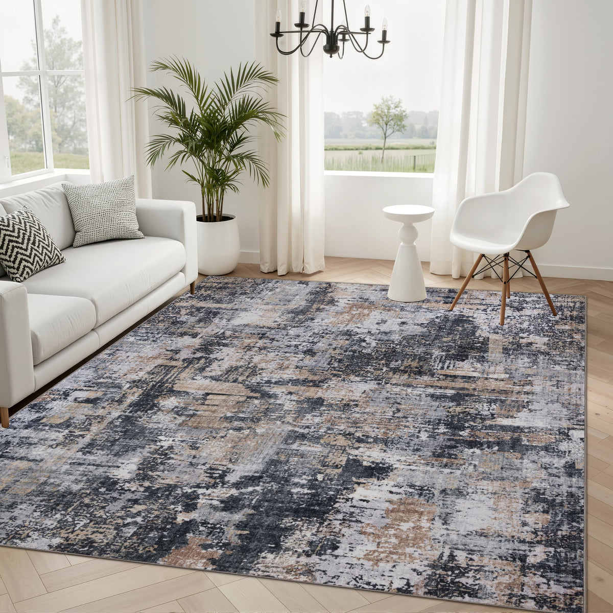 Sasttie 8x10 Washable Area Rug, Modern Abstract Large Carpet, Black & White