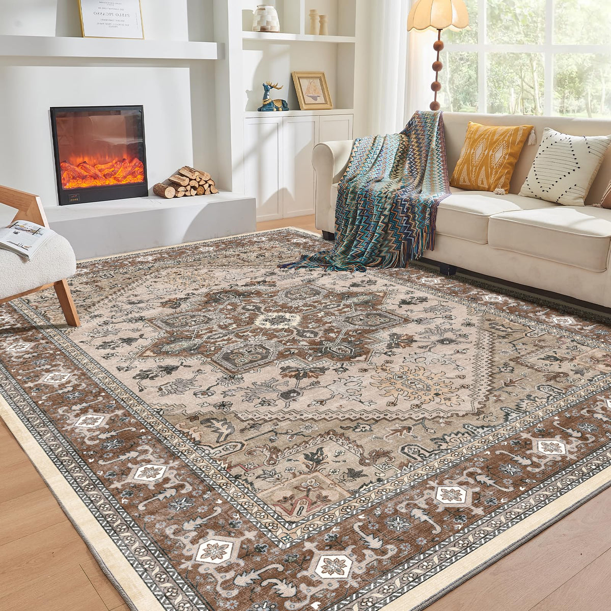 OPPODREAM Soft Area Rugs 5x7, Persian-Inspired Washable Rug, Blue & Gold