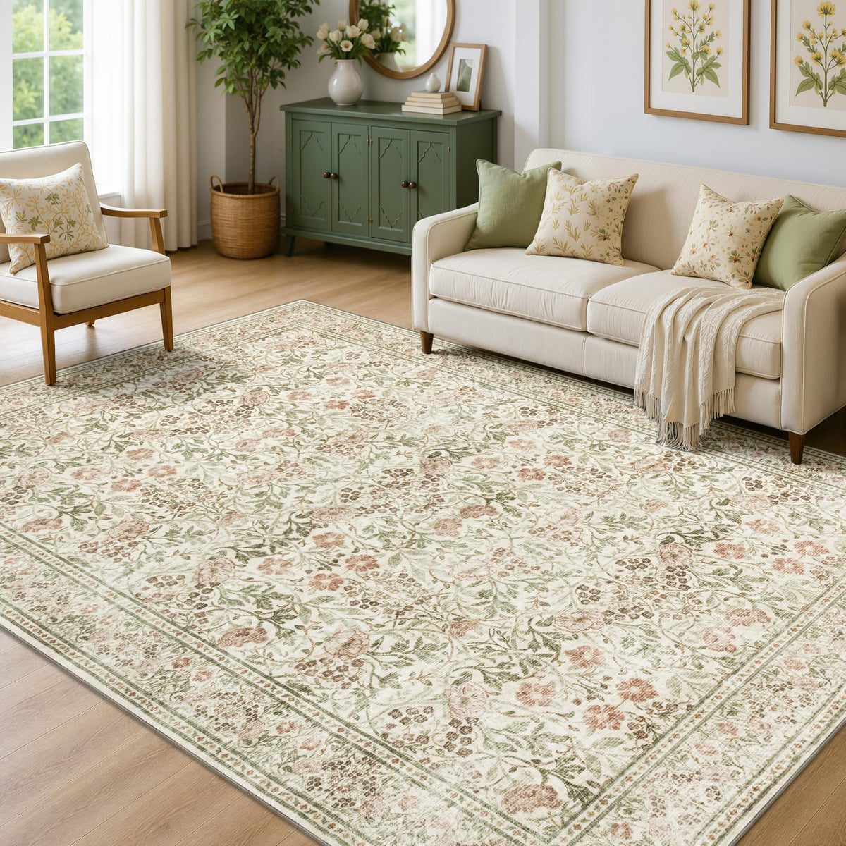 JOLLYVOGUE 6x9 Area Rug, Floral Washable Rug for Living Room, Beige/Blue