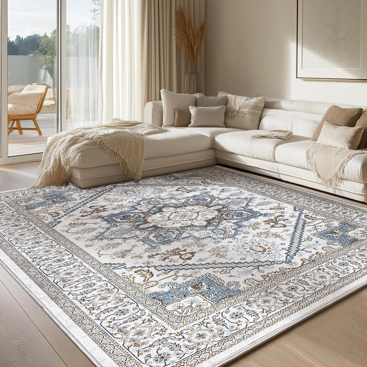 OPPODREAM Soft Area Rugs 5x7, Persian-Inspired Washable Rug, Blue & Gold