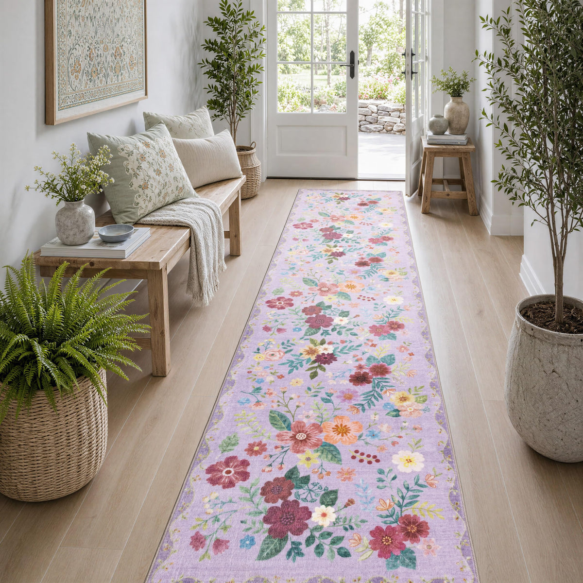JOLLYVOGUE Floral Area Rug 5x7, Washable Rug for Living Room, Light Blue