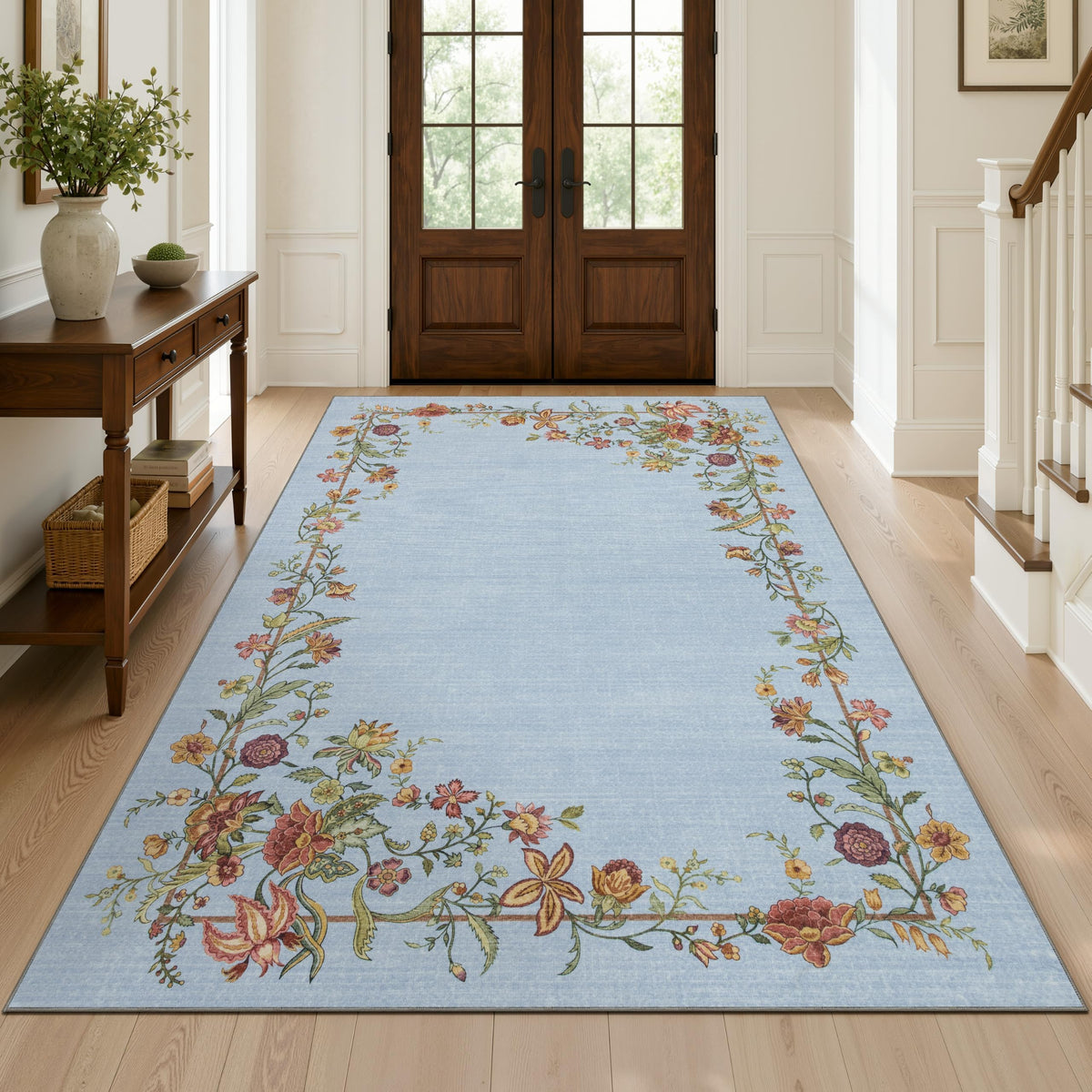 JOLLYVOGUE 4x6 Area Rug, Washable Rug Floral Border, Off-White