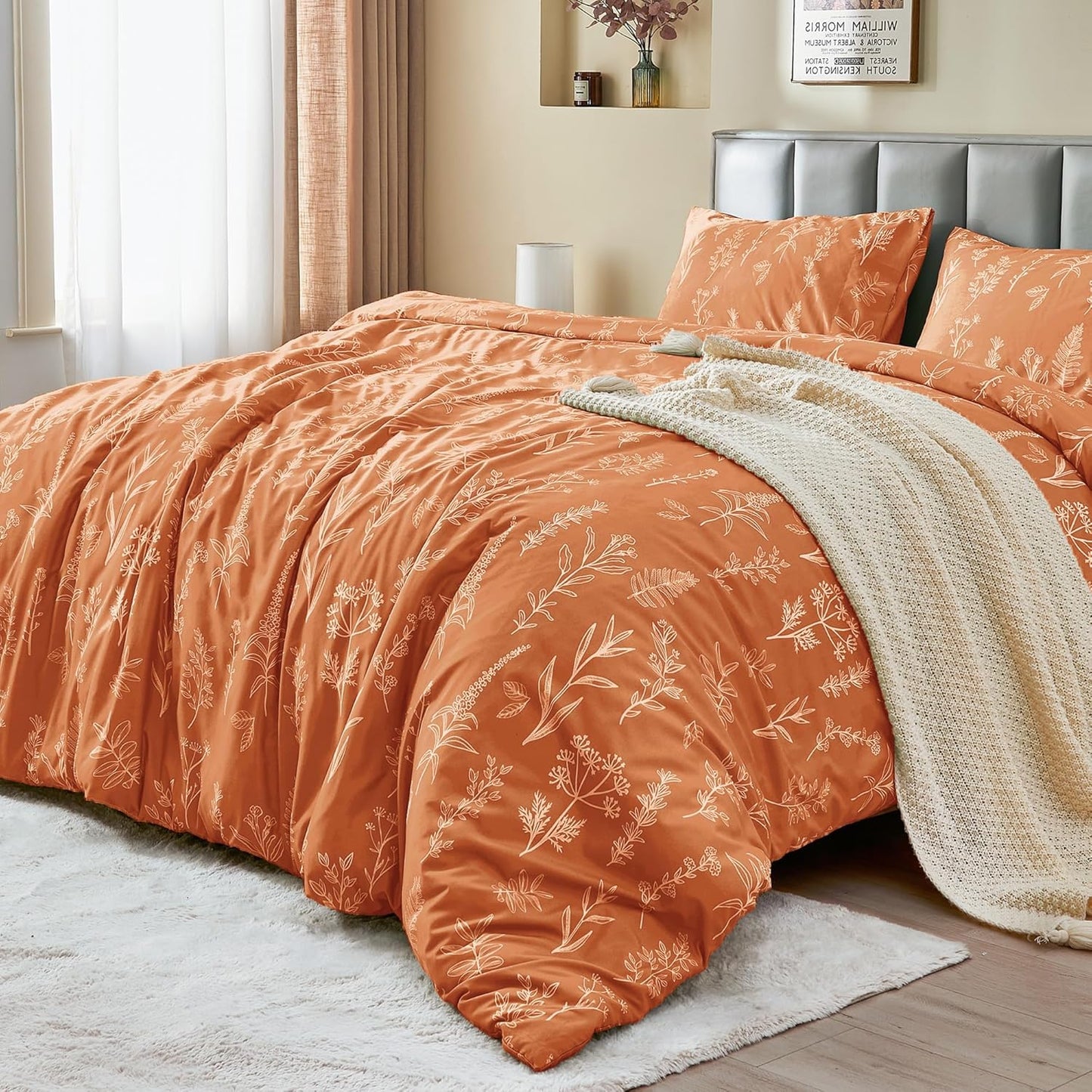 JOLLYVOGUE Duvet Cover Queen Size, Reversible Floral Beige Duvet Cover Set with Zipper Closure, 3 Pieces Botanical Patterns Soft Microfiber Bedding Set with 4 Ties (90x90, 2 Pillow Cases)