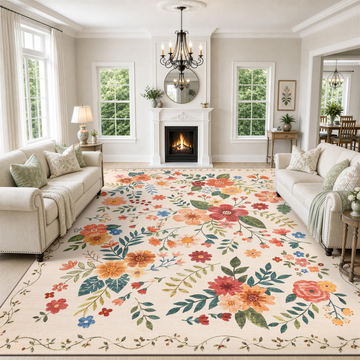 JOLLYVOGUE Floral Area Rug 5x7, Washable Rug for Living Room, Light Blue