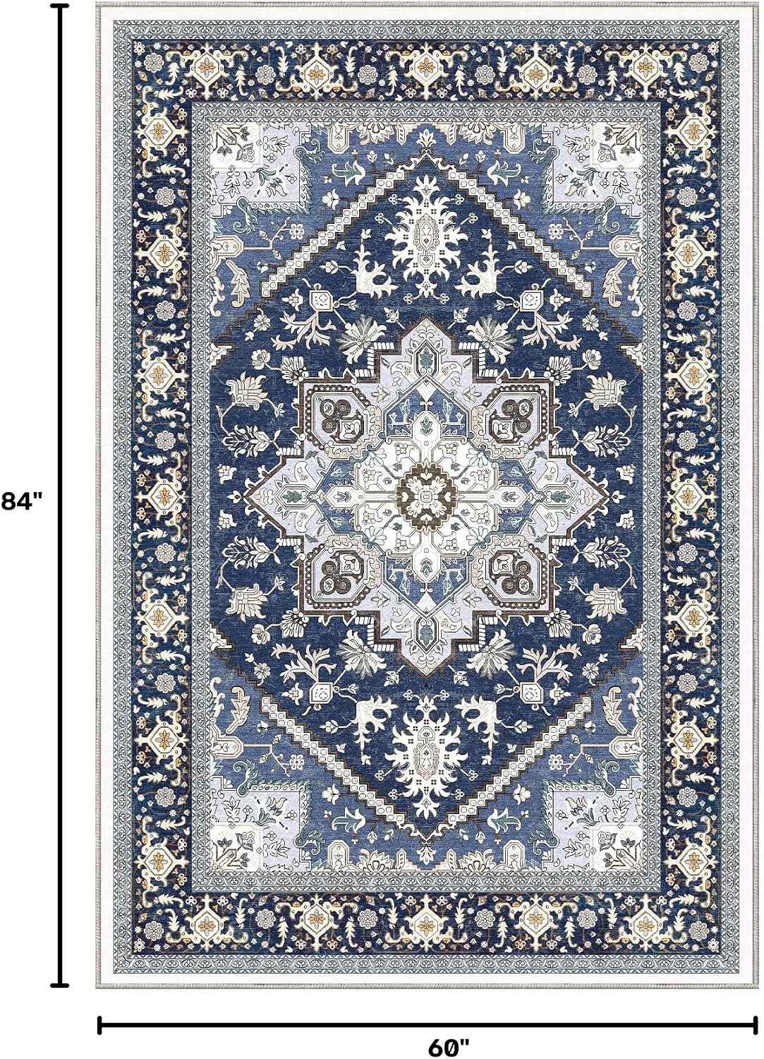 OPPODREAM Soft Area Rugs 5x7, Persian-Inspired Washable Rug, Blue & Gold