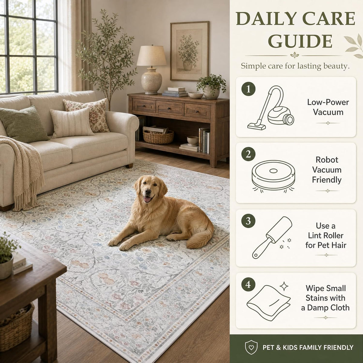 JOLLYVOGUE 5x7 Area Rugs for Living Room, Washable Rug, Beige