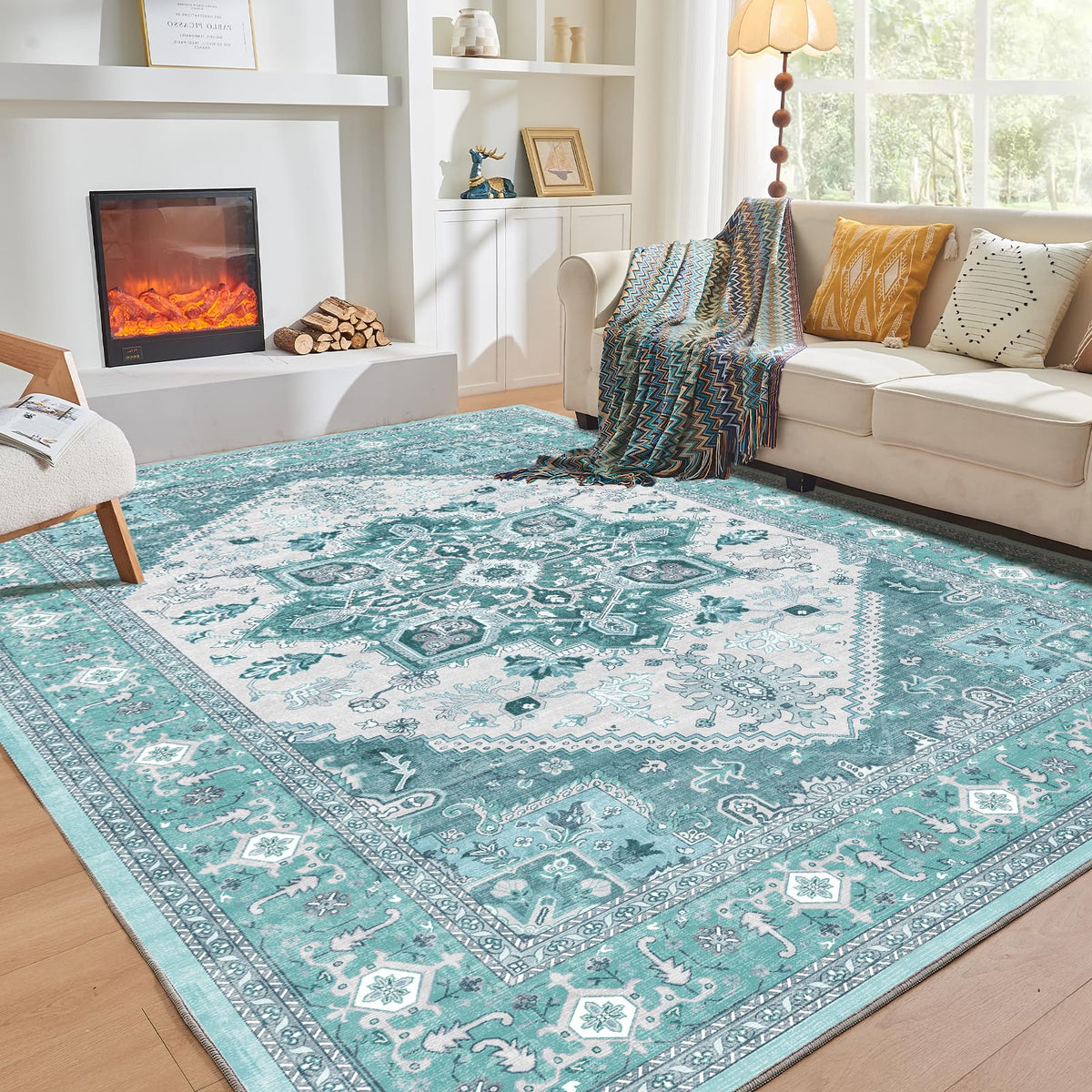 OPPODREAM Soft Area Rugs 5x7, Persian-Inspired Washable Rug, Blue & Gold
