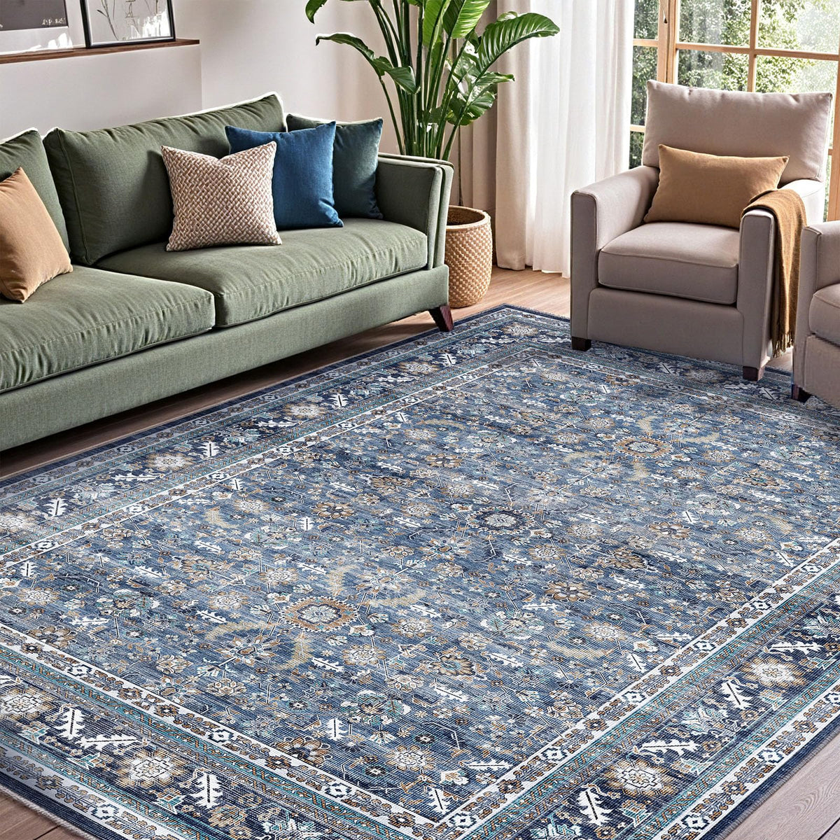 OPPODREAM Vintage Blue Area Rugs 5x7, Washable Rug for Living Room