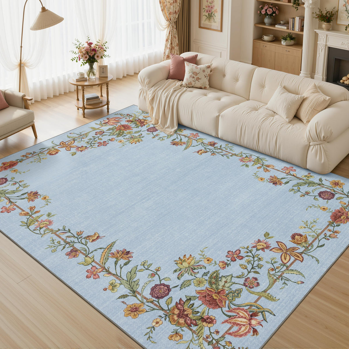 JOLLYVOGUE 4x6 Area Rug, Washable Rug Floral Border, Off-White