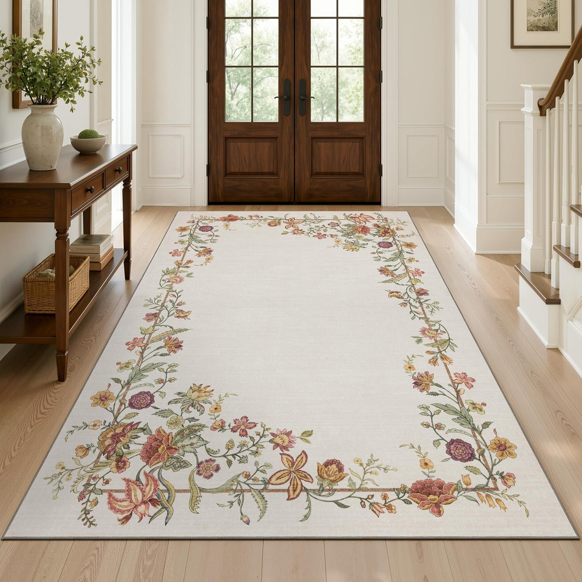 JOLLYVOGUE 4x6 Area Rug, Washable Rug Floral Border, Off-White