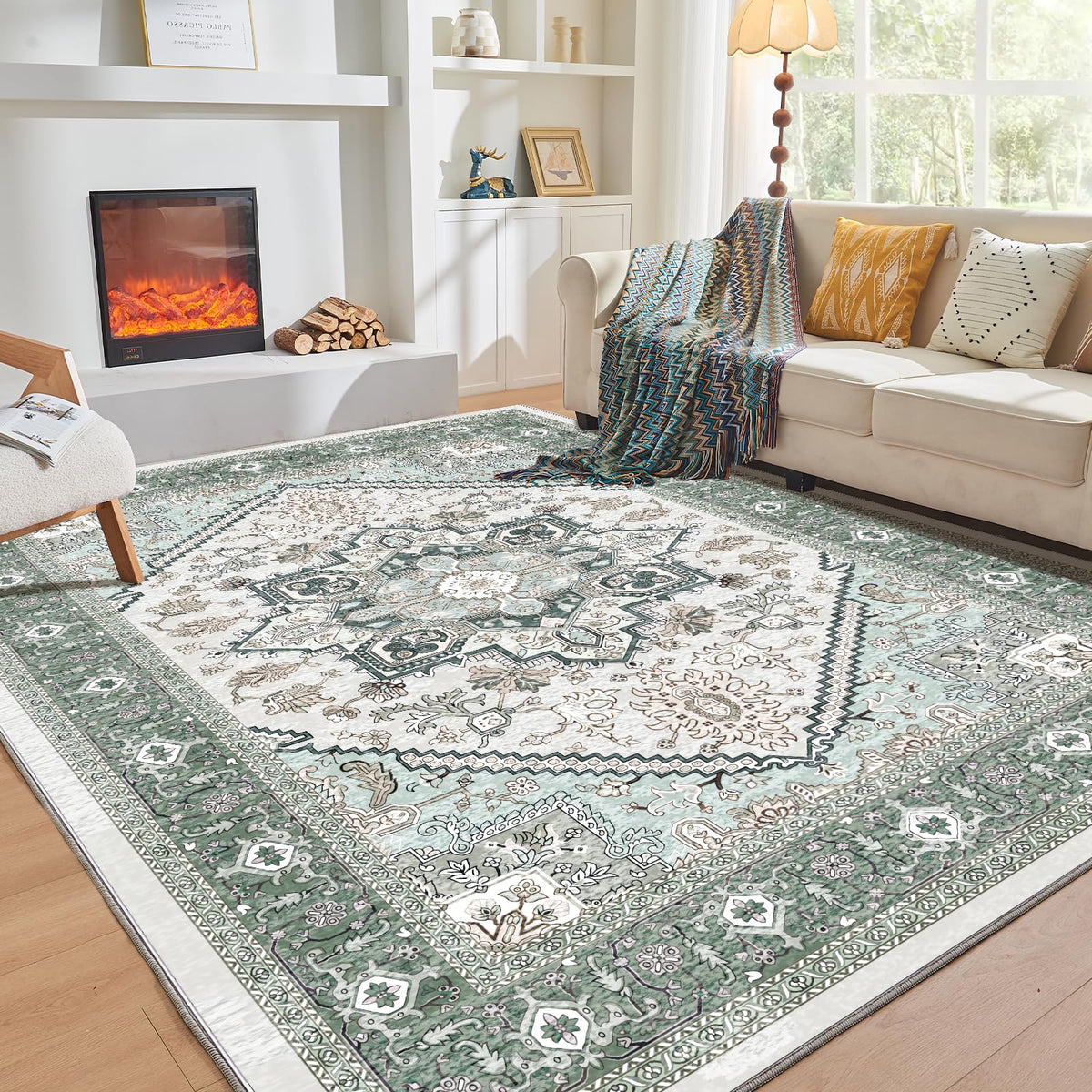 OPPODREAM Soft Area Rugs 5x7, Persian-Inspired Washable Rug, Blue & Gold