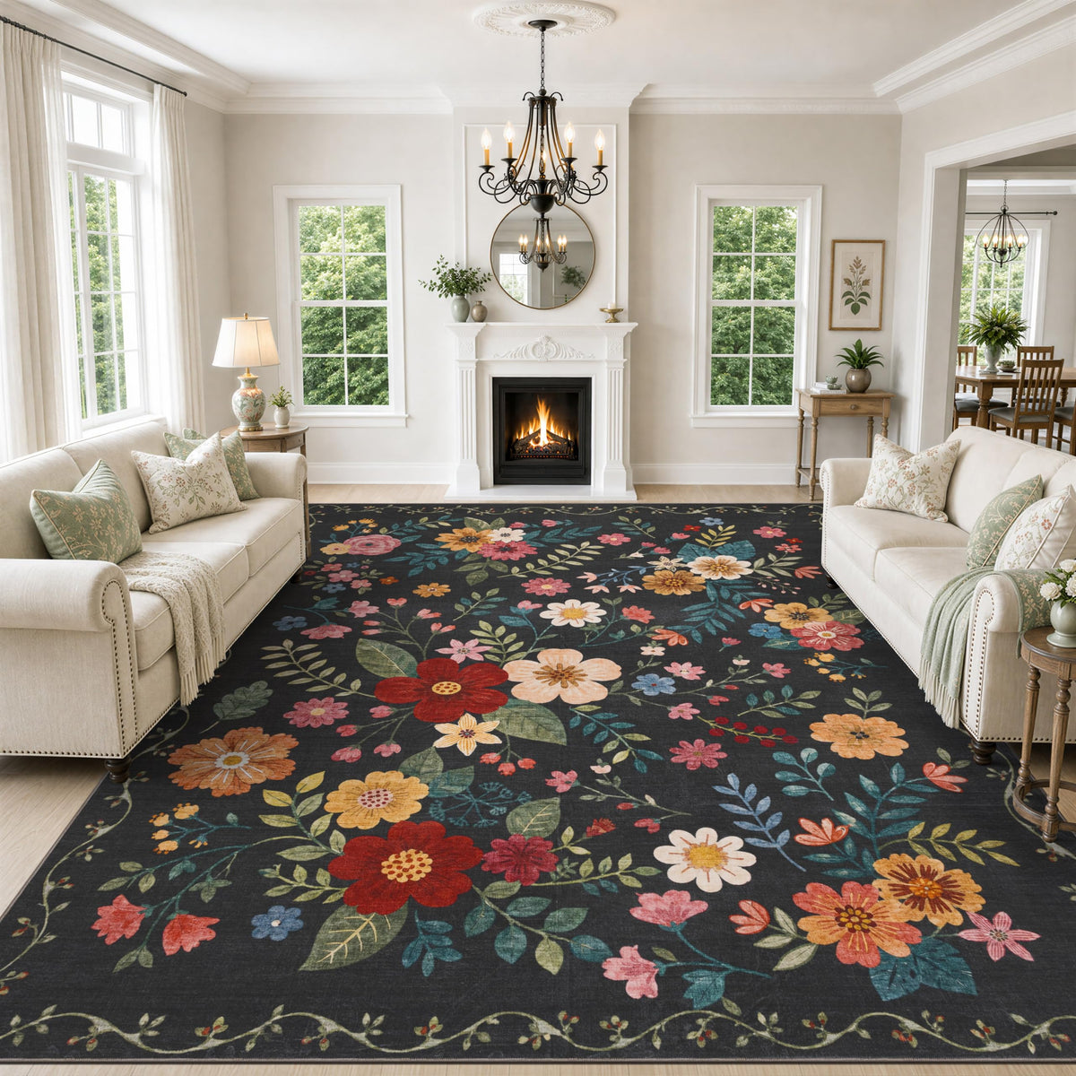 JOLLYVOGUE Floral Area Rug 5x7, Washable Rug for Living Room, Light Blue