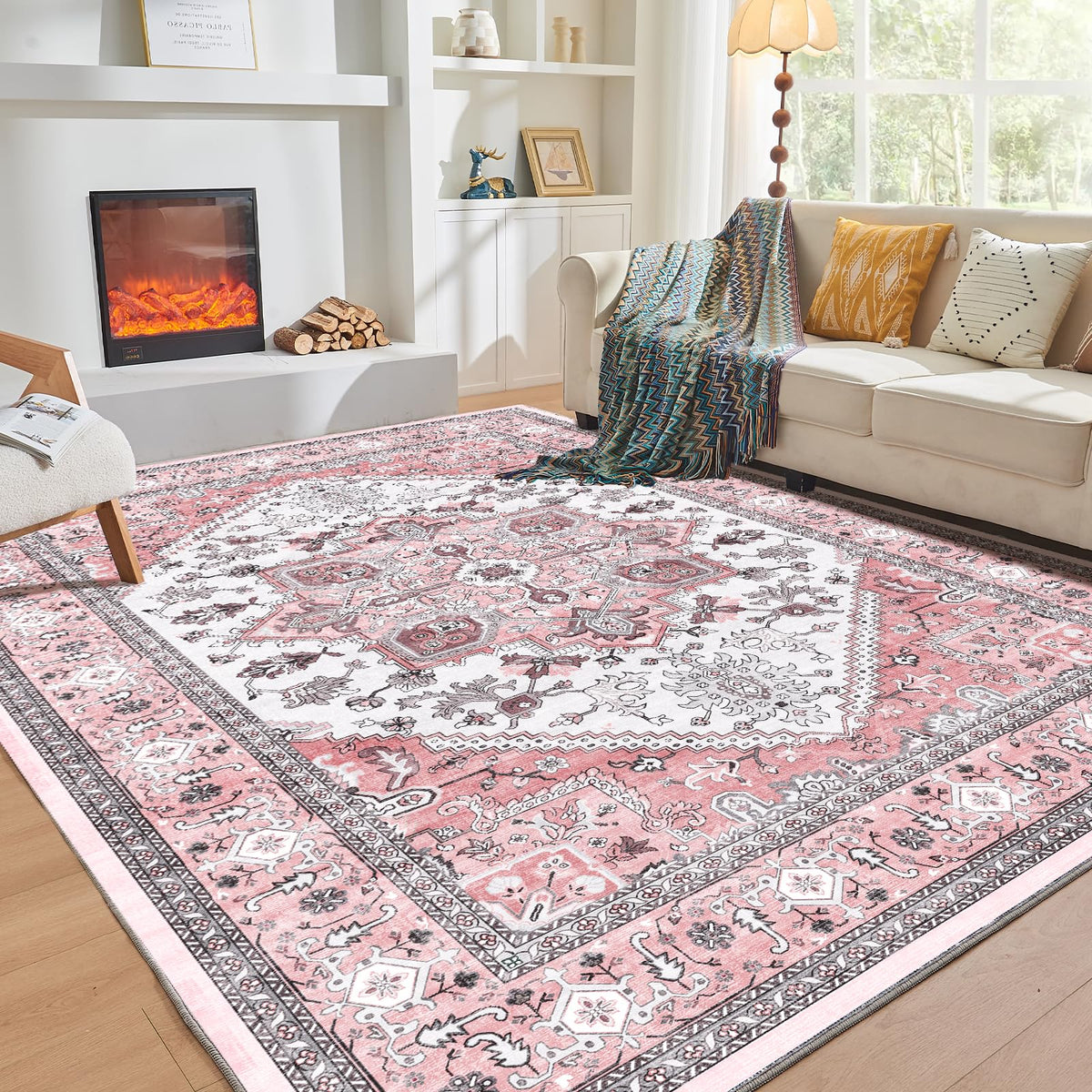 OPPODREAM Soft Area Rugs 5x7, Persian-Inspired Washable Rug, Blue & Gold