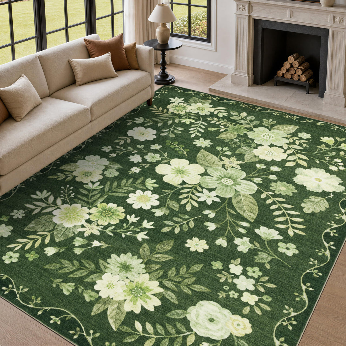 JOLLYVOGUE Floral Area Rug 5x7, Washable Rug for Living Room, Light Blue