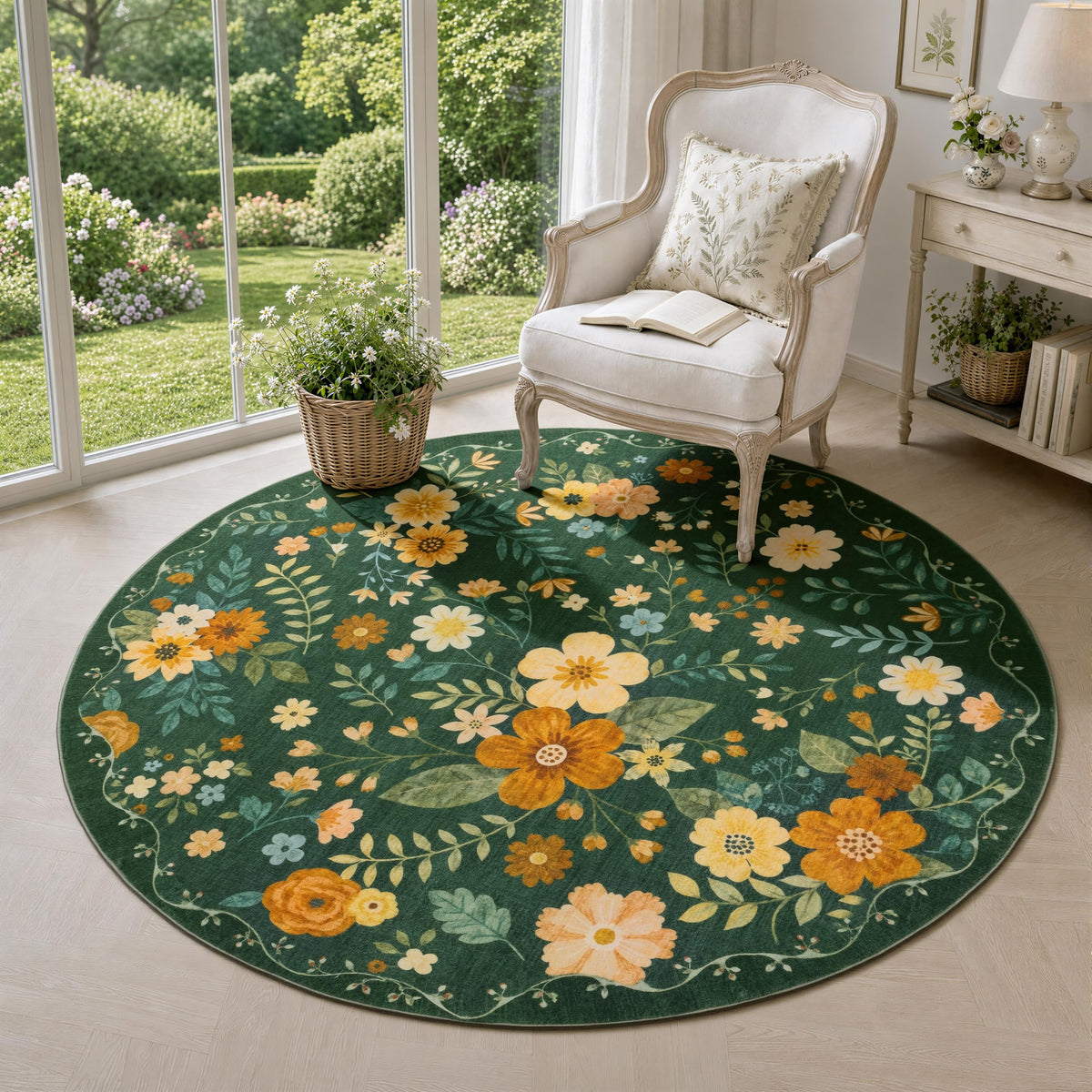 JOLLYVOGUE Floral Area Rug 5x7, Washable Rug for Living Room, Light Blue