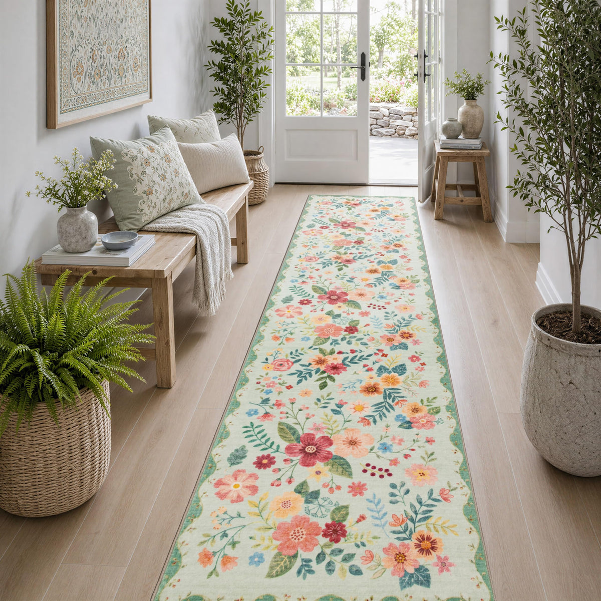 JOLLYVOGUE Floral Area Rug 5x7, Washable Rug for Living Room, Light Blue