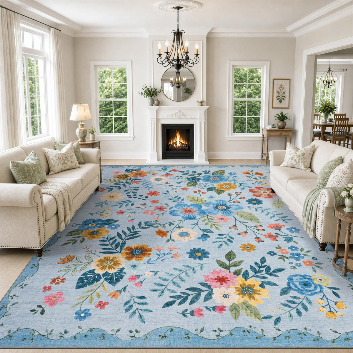 JOLLYVOGUE Floral Area Rug 5x7, Washable Rug for Living Room, Light Blue