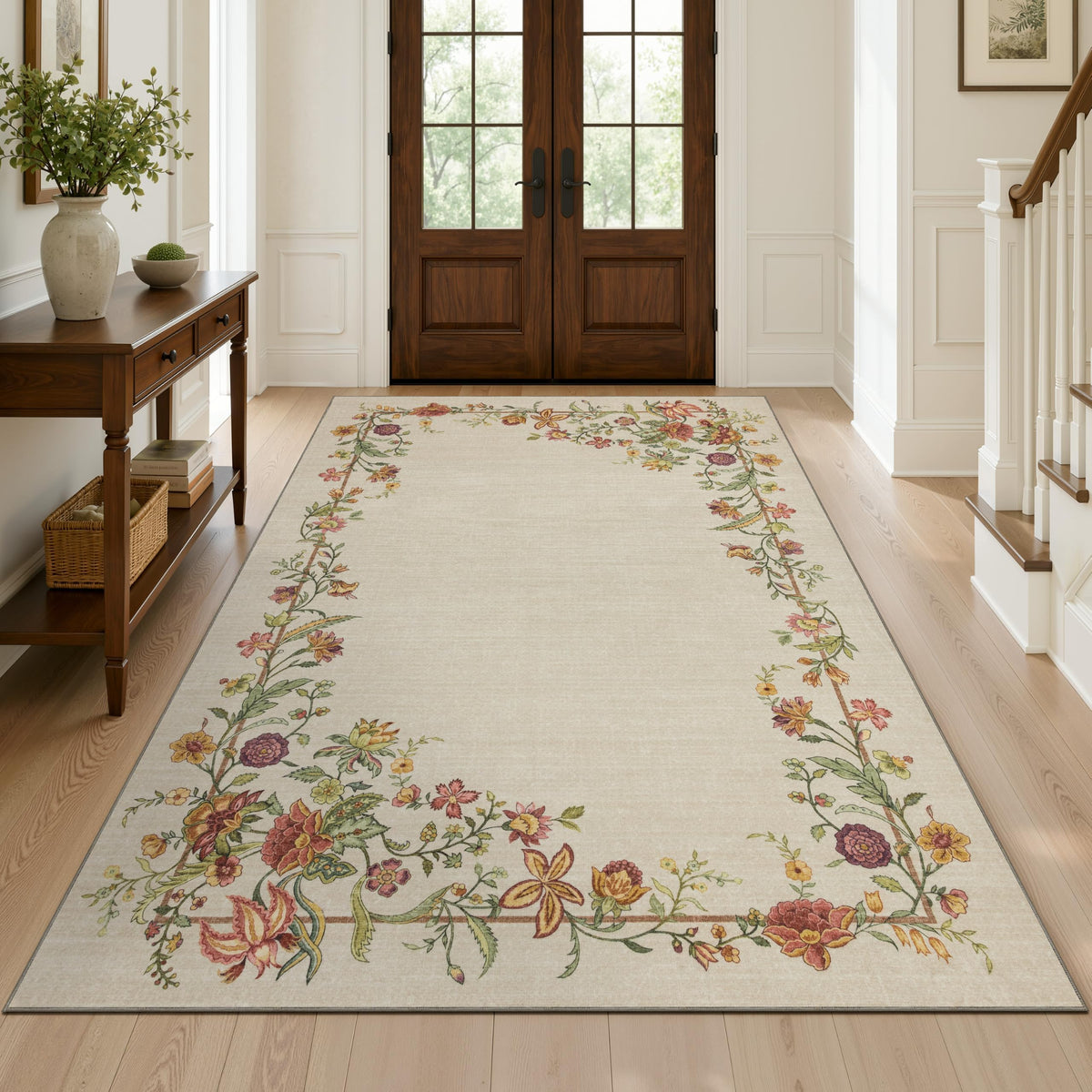 JOLLYVOGUE 4x6 Area Rug, Washable Rug Floral Border, Off-White