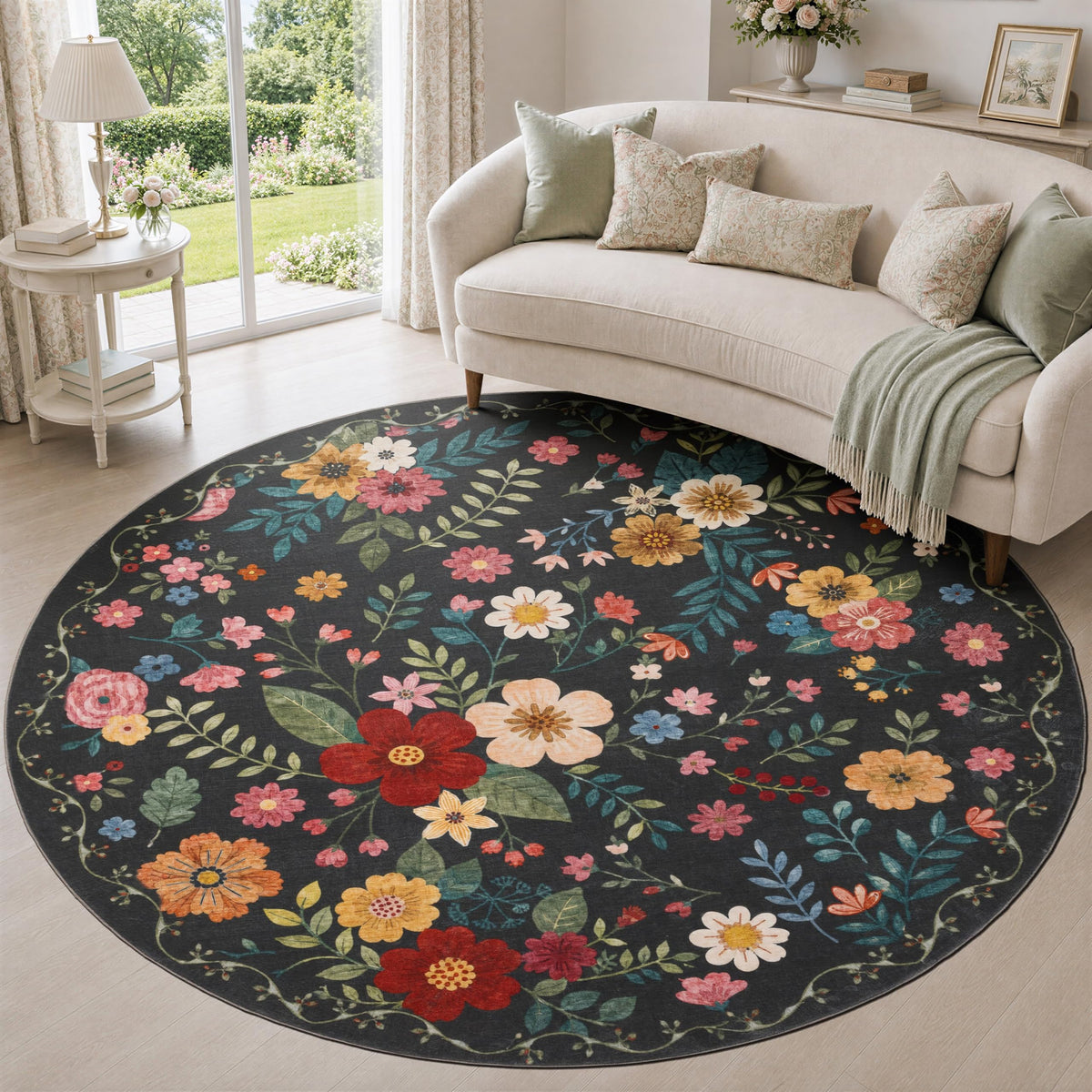 JOLLYVOGUE Floral Area Rug 5x7, Washable Rug for Living Room, Light Blue