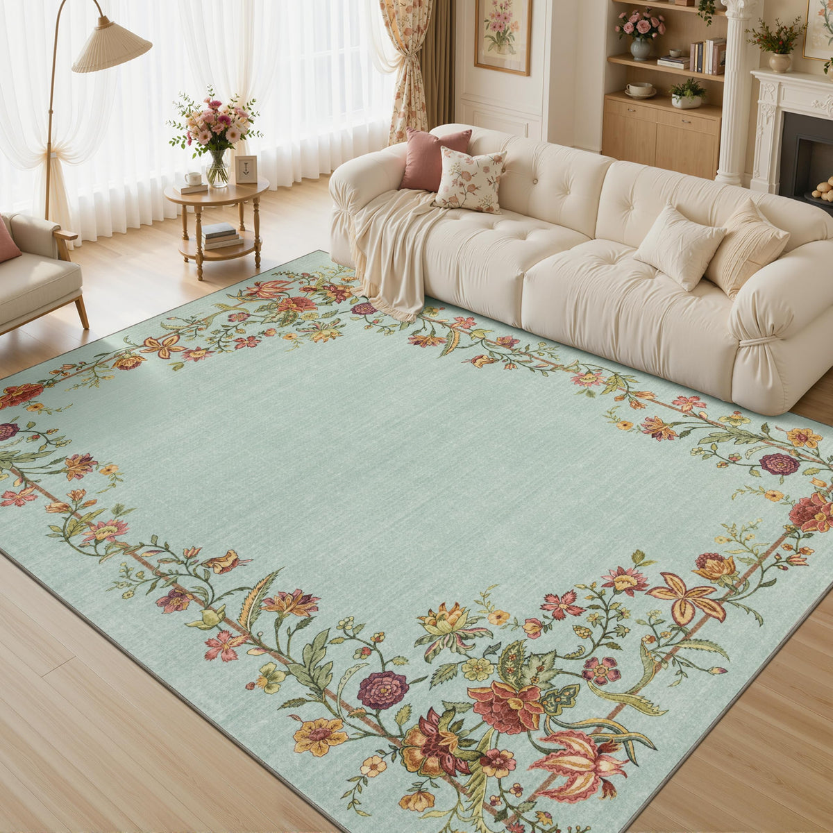JOLLYVOGUE 4x6 Area Rug, Washable Rug Floral Border, Off-White