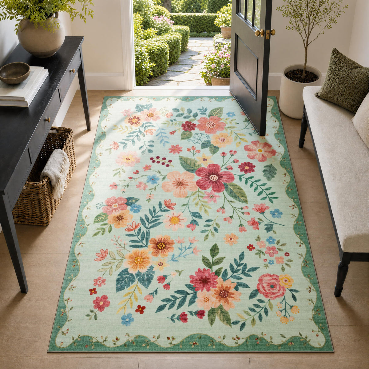 JOLLYVOGUE Floral Area Rug 5x7, Washable Rug for Living Room, Light Blue