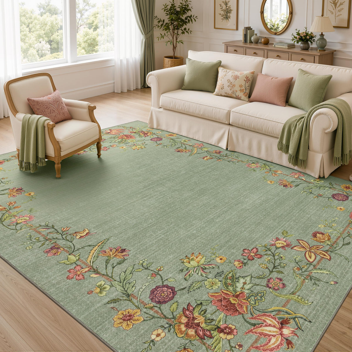 JOLLYVOGUE 4x6 Area Rug, Washable Rug Floral Border, Off-White