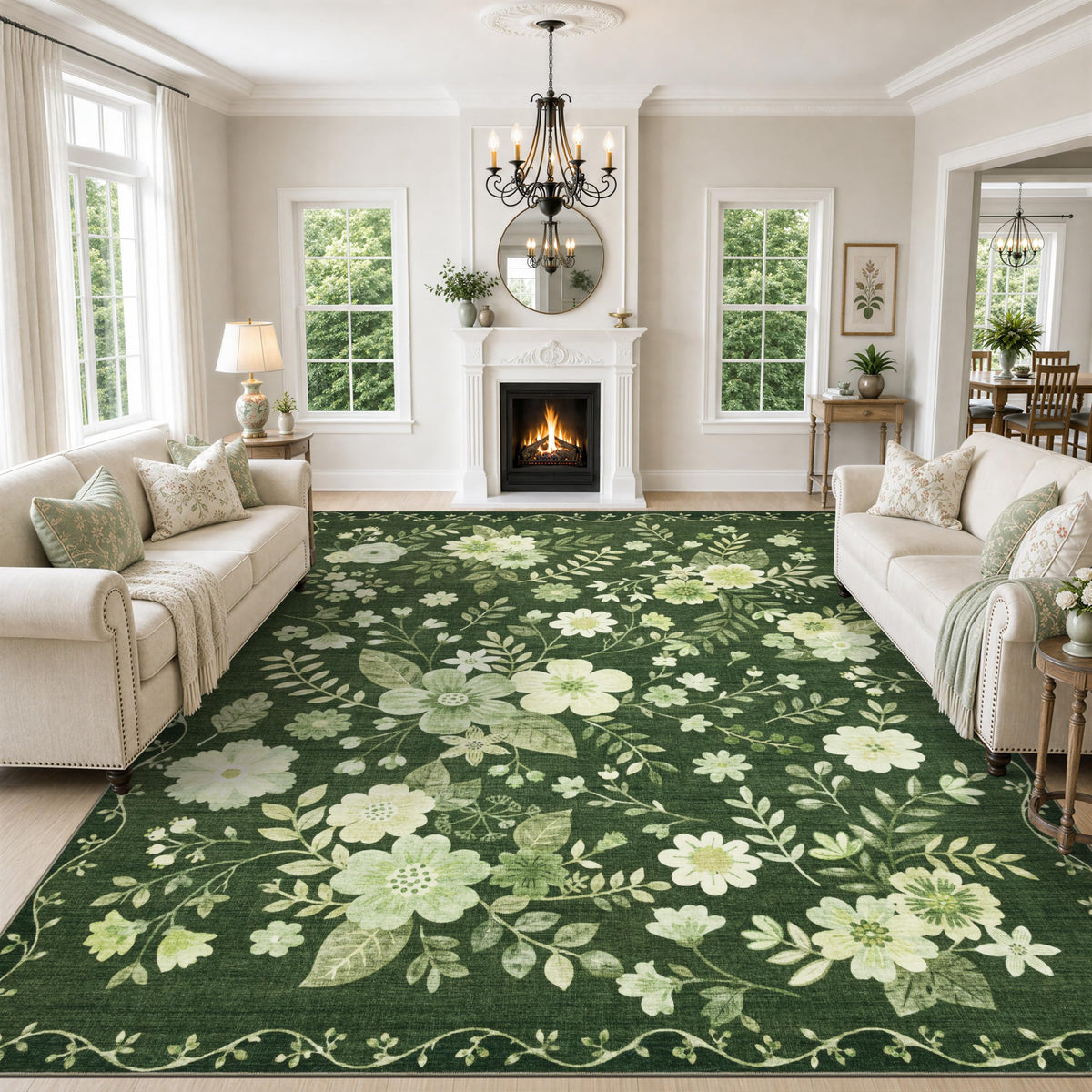 JOLLYVOGUE Floral Area Rug 5x7, Washable Rug for Living Room, Light Blue