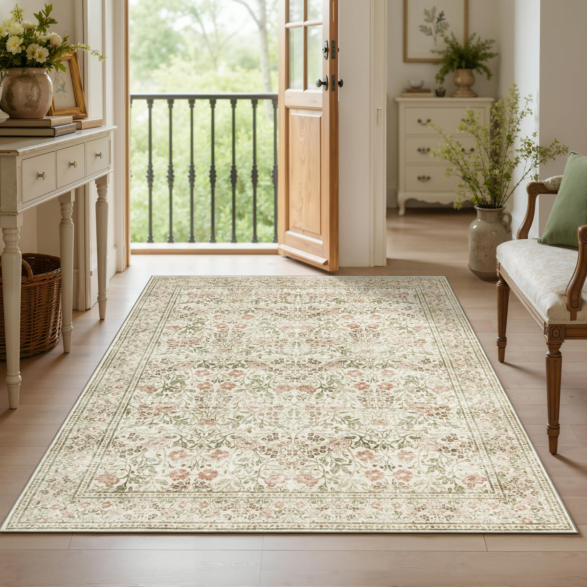 JOLLYVOGUE 6x9 Area Rug, Floral Washable Rug for Living Room, Beige/Blue