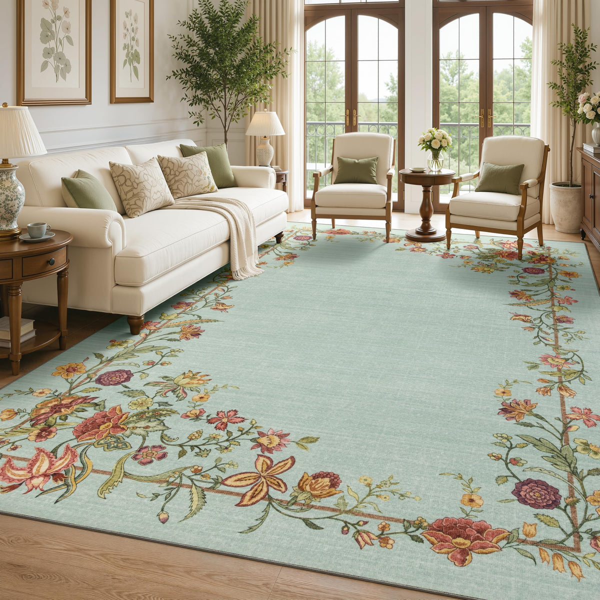 JOLLYVOGUE 4x6 Area Rug, Washable Rug Floral Border, Off-White