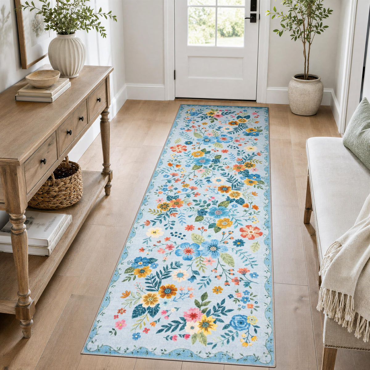 JOLLYVOGUE Floral Area Rug 5x7, Washable Rug for Living Room, Light Blue