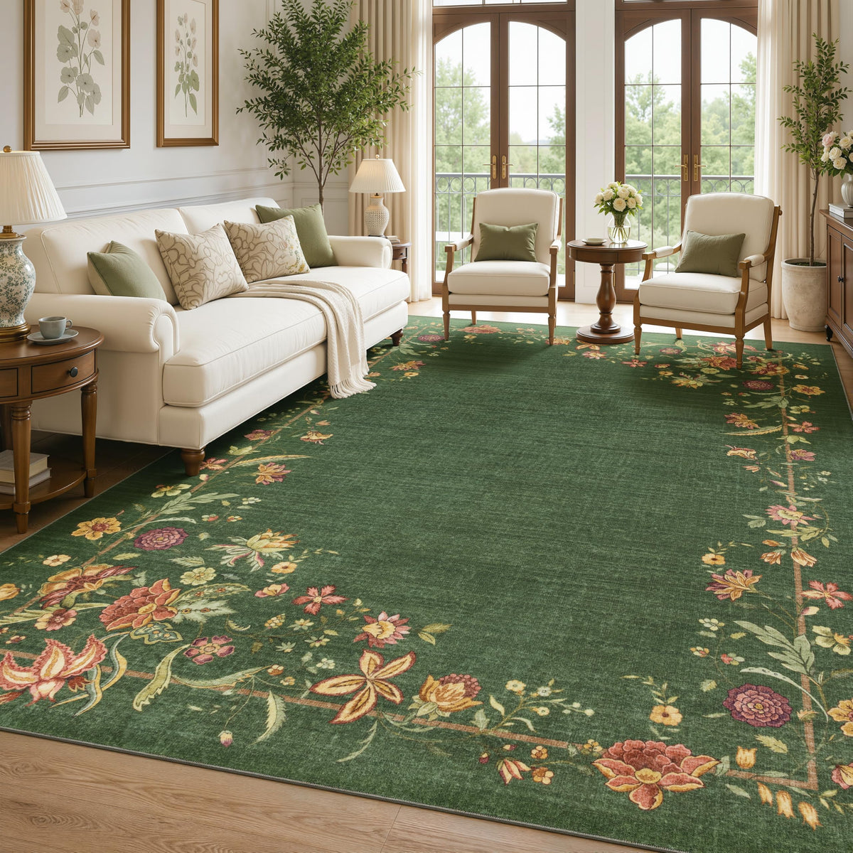 JOLLYVOGUE 4x6 Area Rug, Washable Rug Floral Border, Off-White