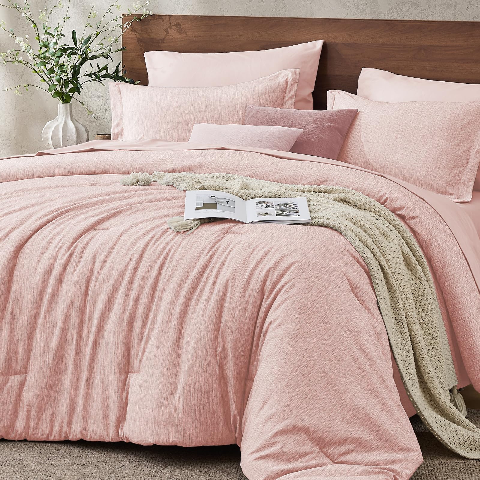 JOLLYVOGUE Queen Comforter Set, Cationic Dyeing Bed in a Bag 7 Pieces, Double-Tone Bedding Set with Down Alternative Comforter, Sheets, Pillowcases & Shams, Dark Grey
