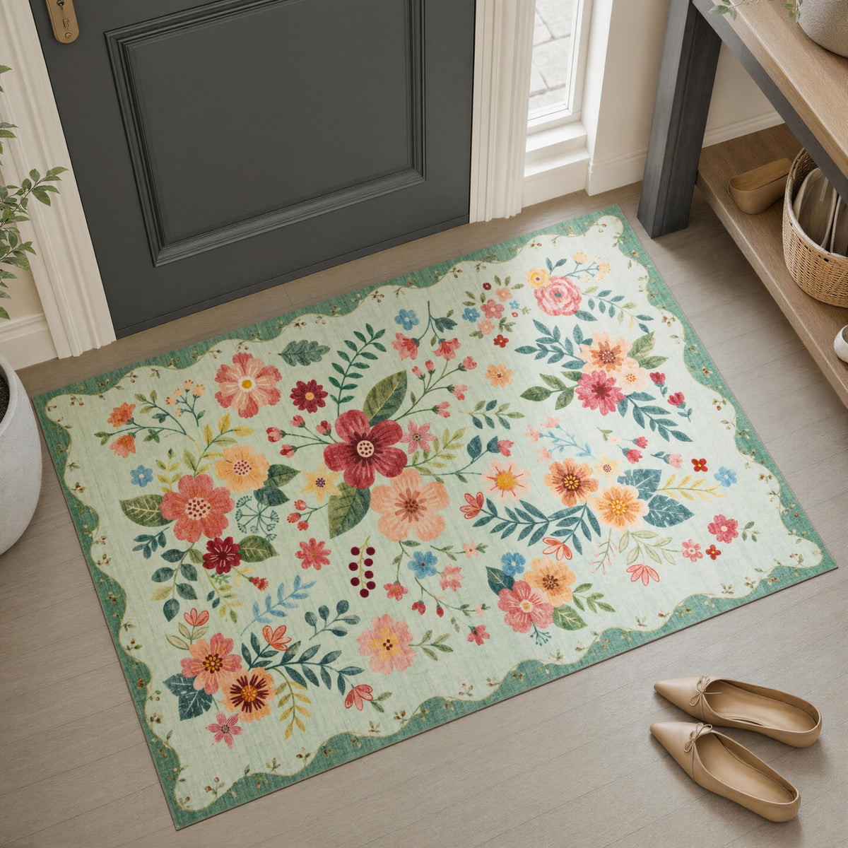 JOLLYVOGUE Floral Area Rug 5x7, Washable Rug for Living Room, Light Blue