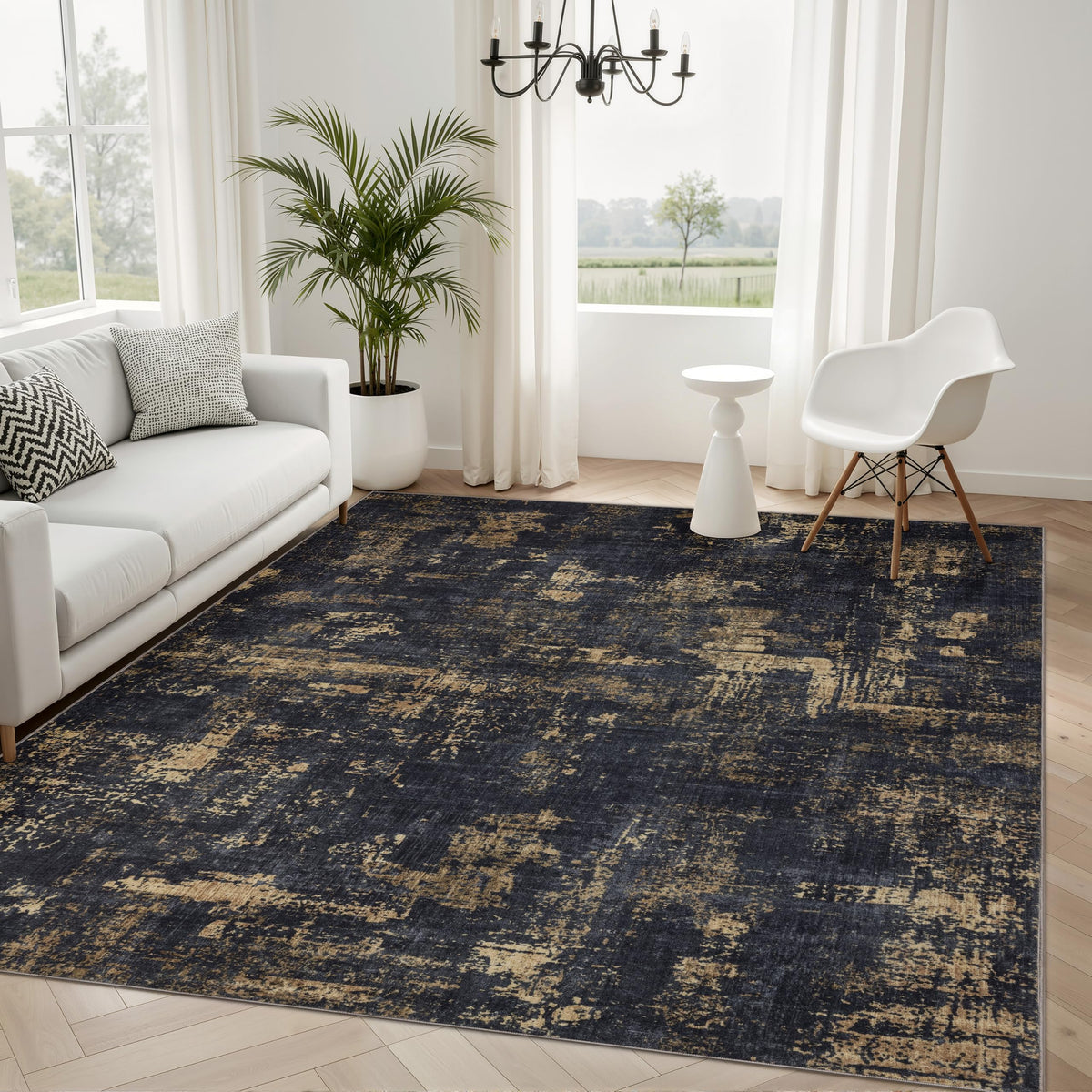 Sasttie 8x10 Washable Area Rug, Modern Abstract Large Carpet, Black & White