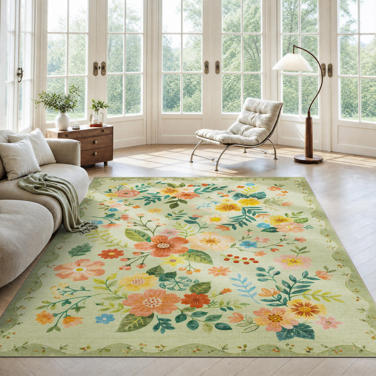 JOLLYVOGUE Floral Area Rug 5x7, Washable Rug for Living Room, Light Blue