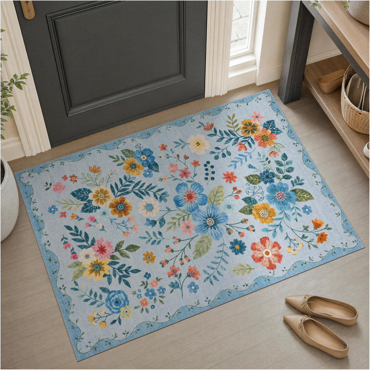 JOLLYVOGUE Floral Area Rug 5x7, Washable Rug for Living Room, Light Blue