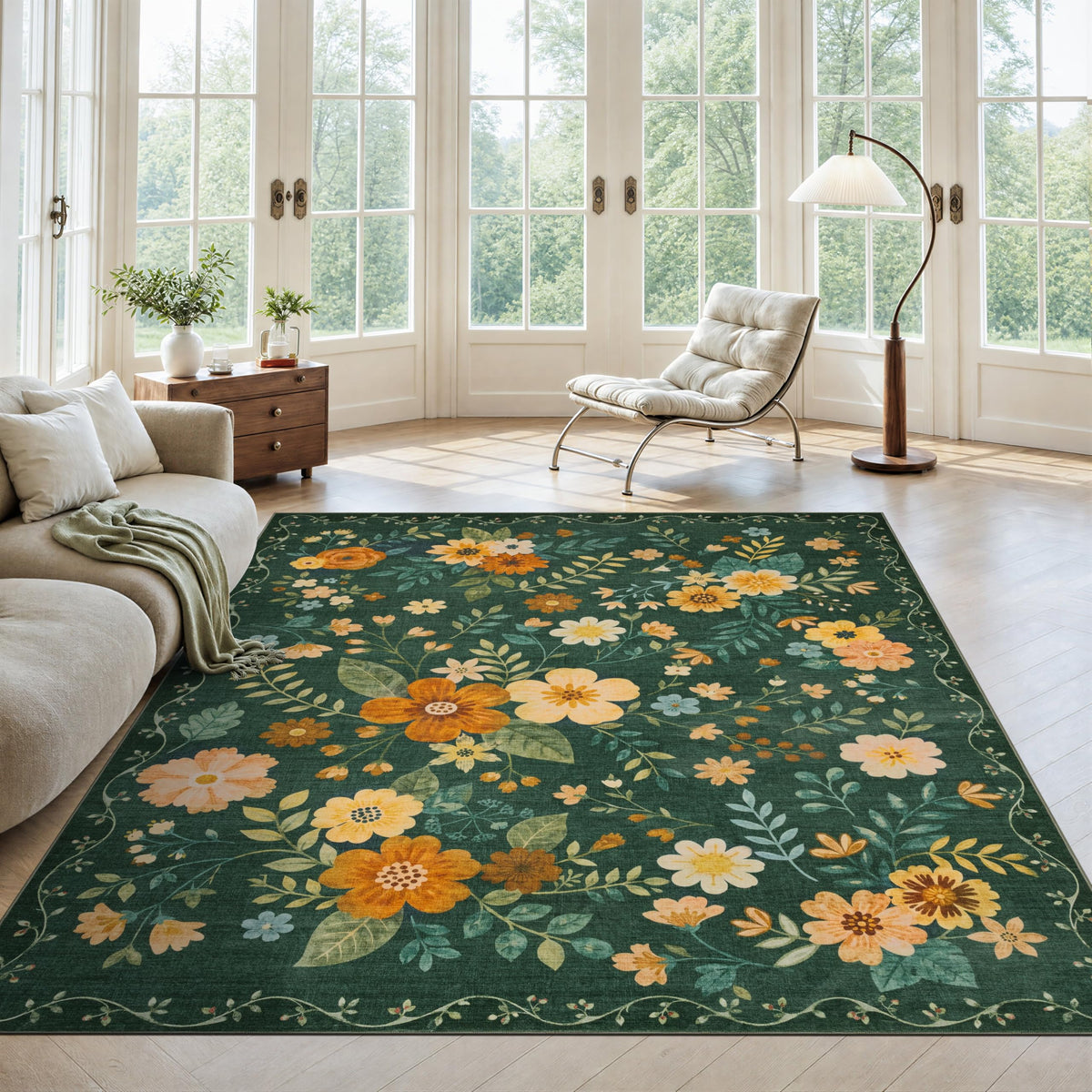 JOLLYVOGUE Floral Area Rug 5x7, Washable Rug for Living Room, Light Blue