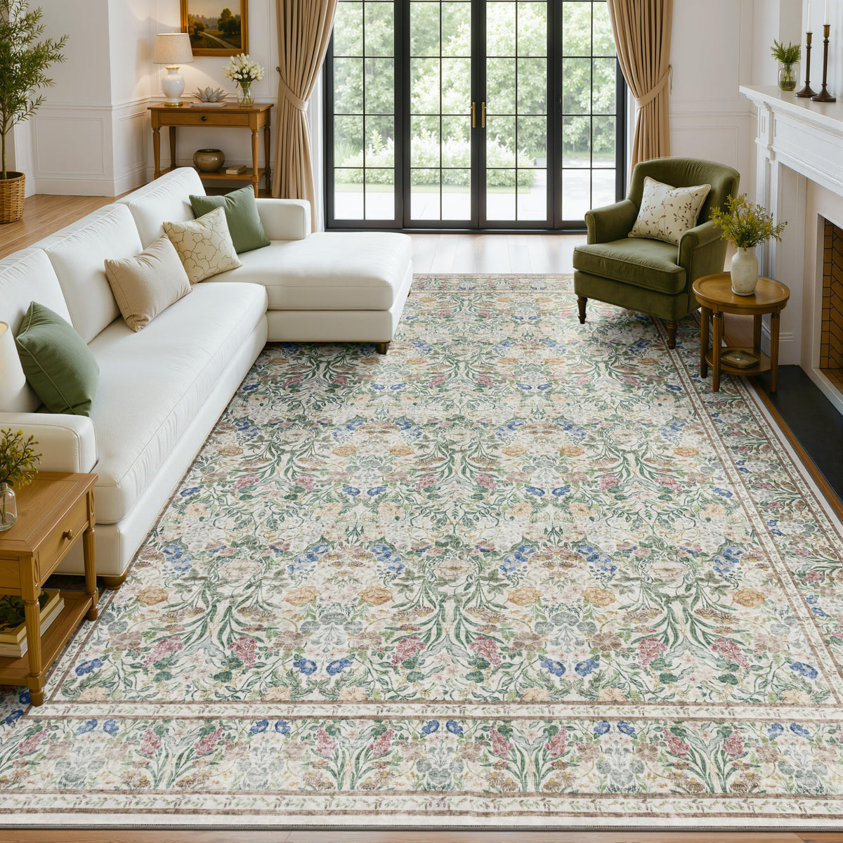 JOLLYVOGUE 6x9 Area Rug, Floral Washable Rug for Living Room, Beige/Blue