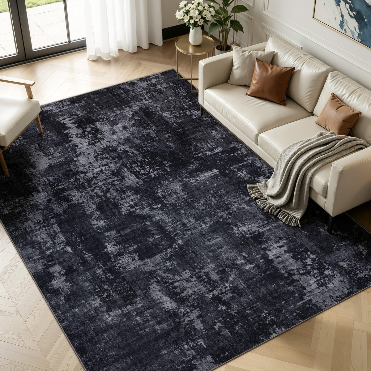 Sasttie 8x10 Washable Area Rug, Modern Abstract Large Carpet, Black & White