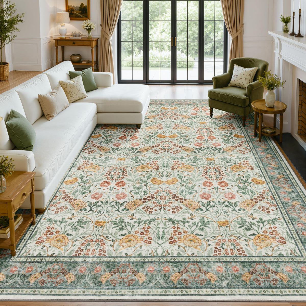 JOLLYVOGUE 6x9 Area Rug, Floral Washable Rug for Living Room, Beige/Blue