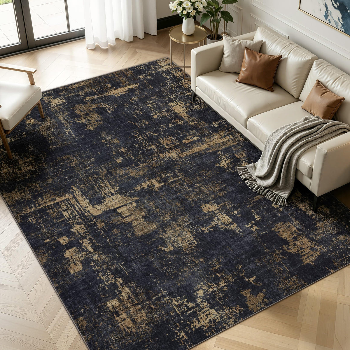 Sasttie 8x10 Washable Area Rug, Modern Abstract Large Carpet, Black & White