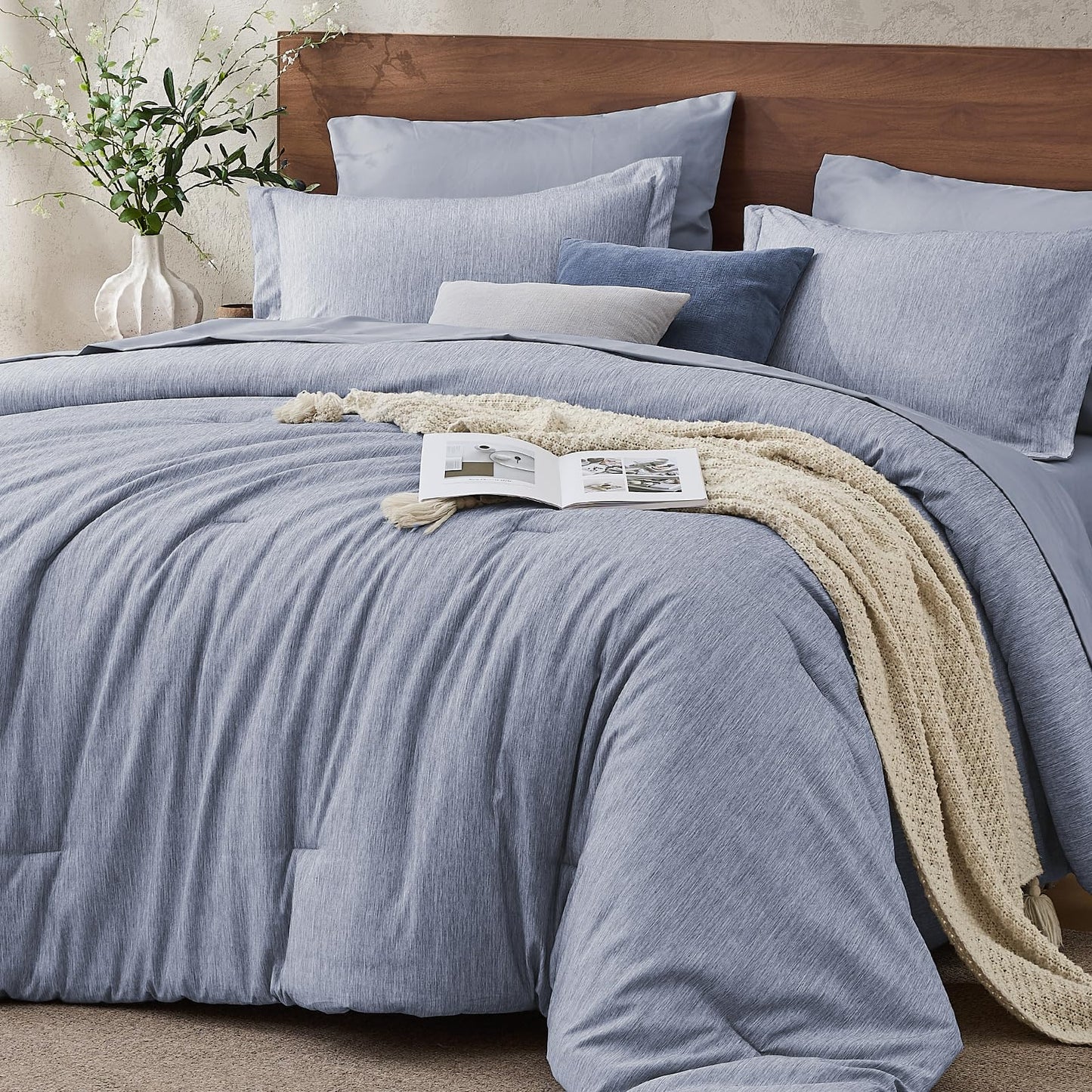 JOLLYVOGUE Queen Comforter Set, Cationic Dyeing Bed in a Bag 7 Pieces, Double-Tone Bedding Set with Down Alternative Comforter, Sheets, Pillowcases & Shams, Dark Grey