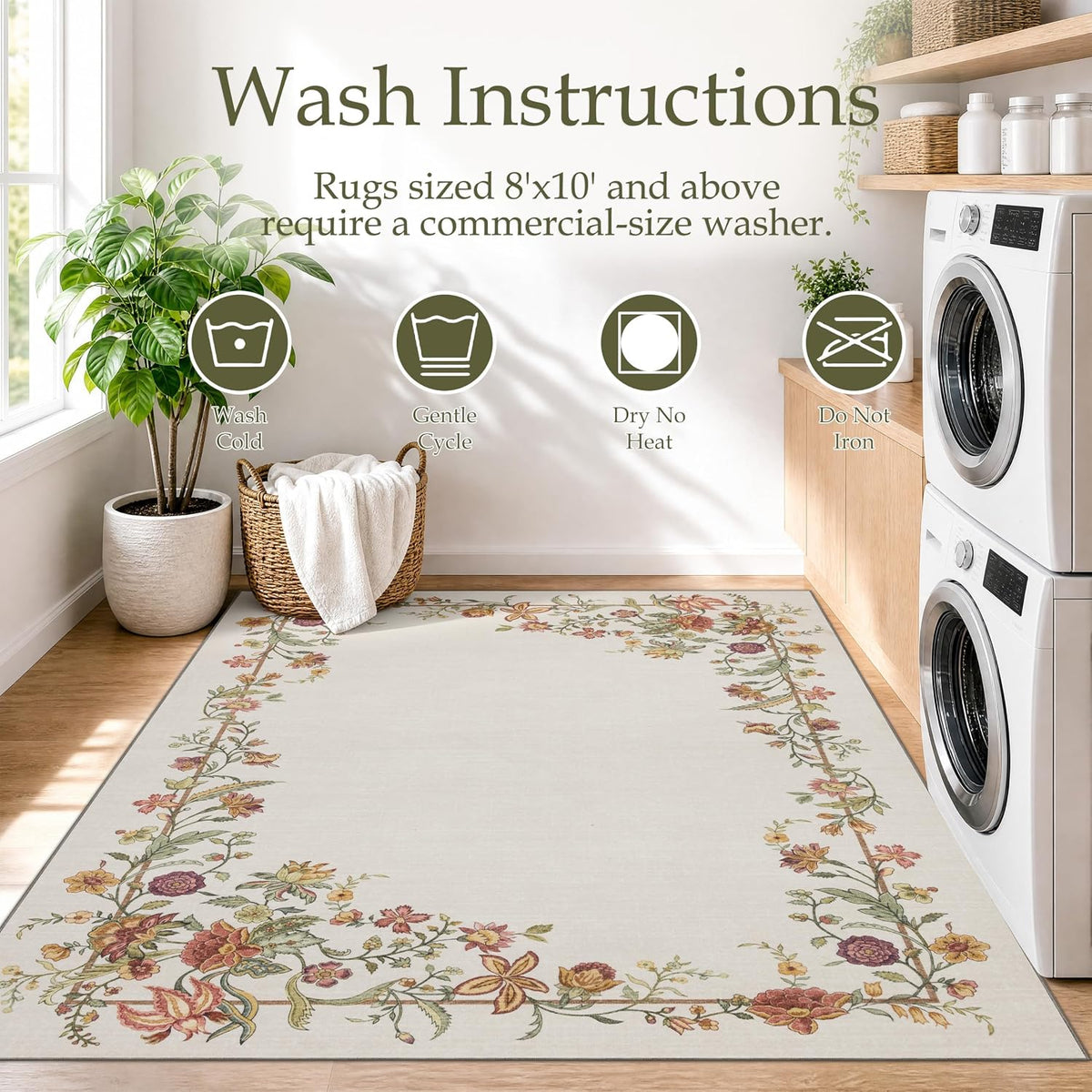 JOLLYVOGUE 4x6 Area Rug, Washable Rug Floral Border, Off-White